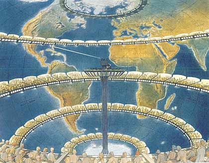 An artist's depiction of the organization of calculations for weather forecasting by Richardson's system.