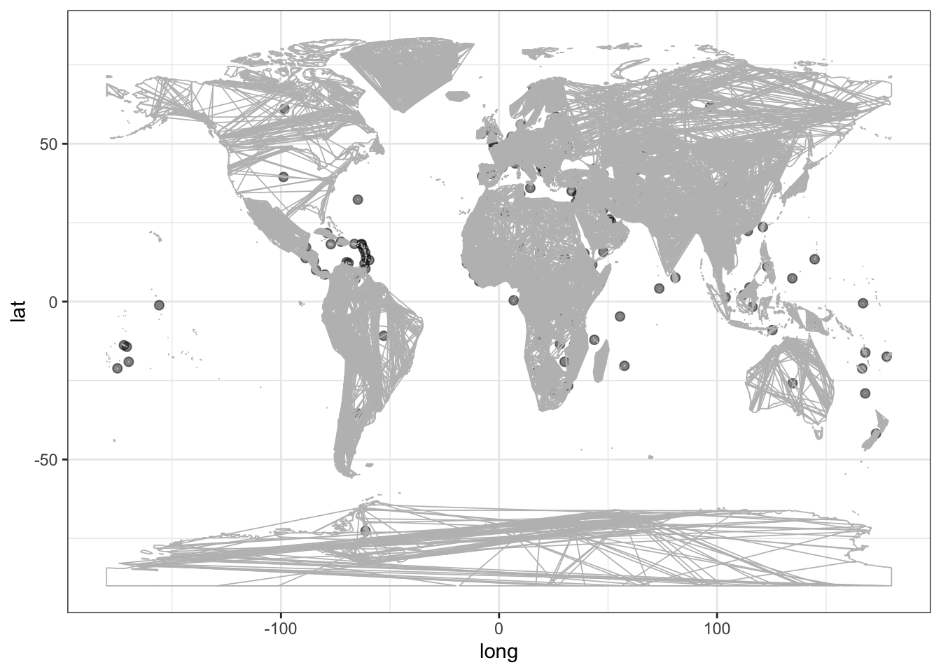 Locations of the vertices described by CountryCentroids. Another layer shows country boundaries.