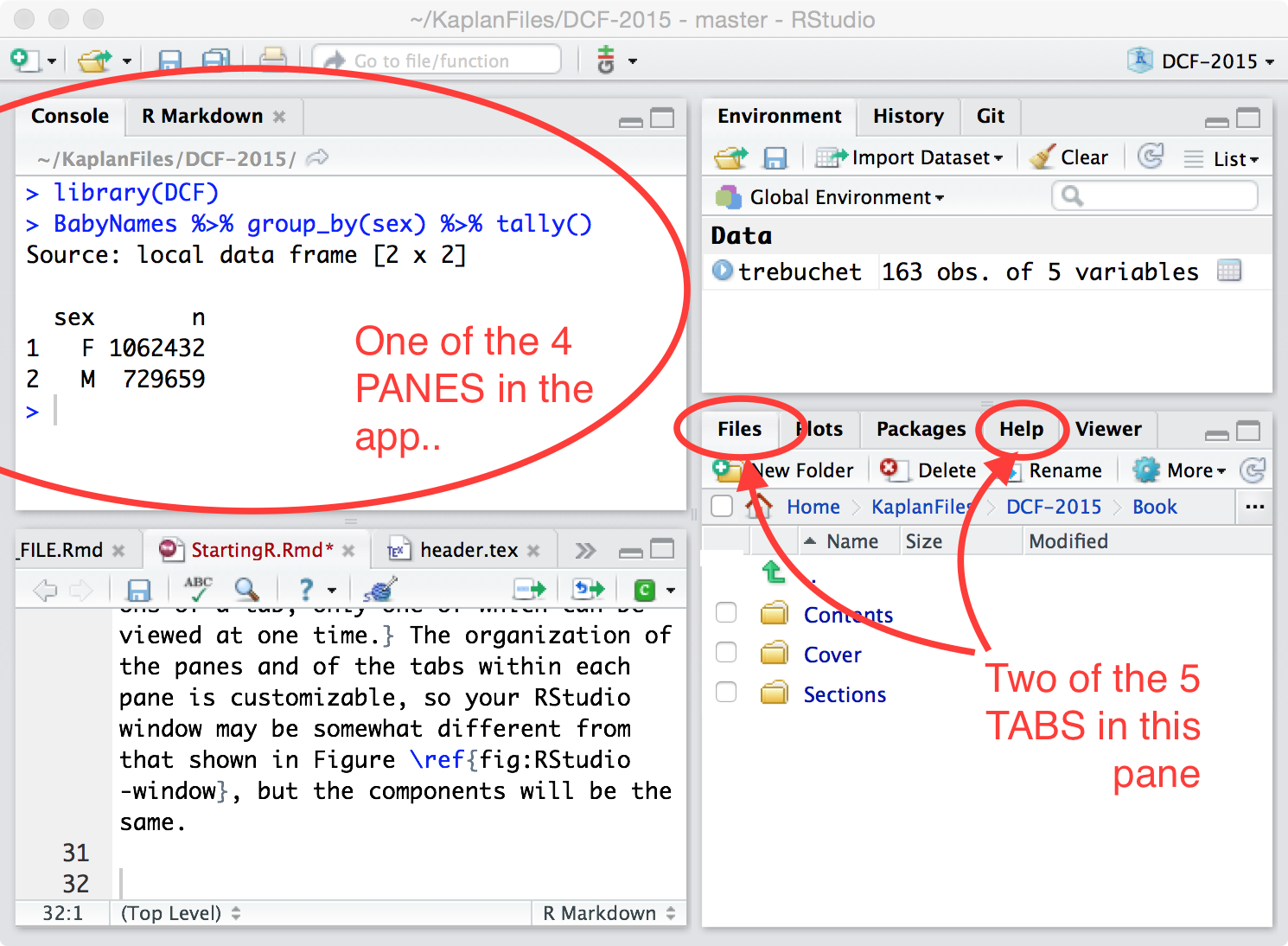 The RStudio window is divided into four panes. Each pane can contain multiple tabs.