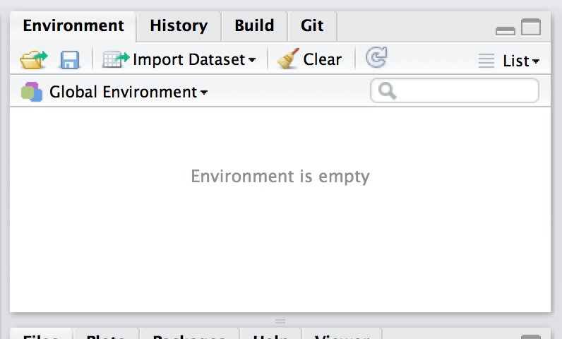 The "Environment" tab in RStudio lists the objects in the \"session environment." At the start of a session, the environment is empty.