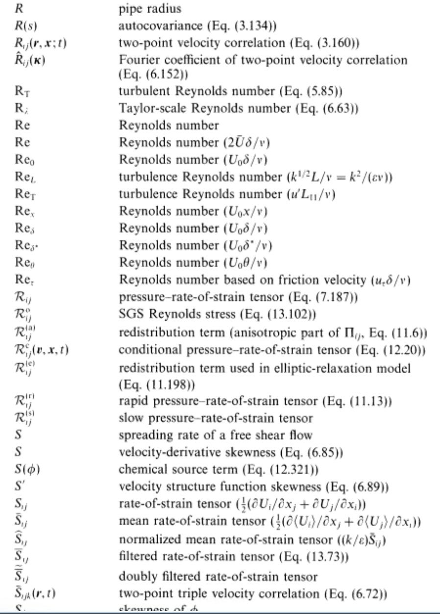 Part of one page from the 14-page long nomenclature section of *Turbulent Flows* by Stephen B. Pope