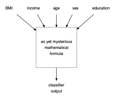 A schematic drawing of a prediction model for diabetes. You specify values for the input variables and, using some mathematics we have not yet covered, the output is generated.