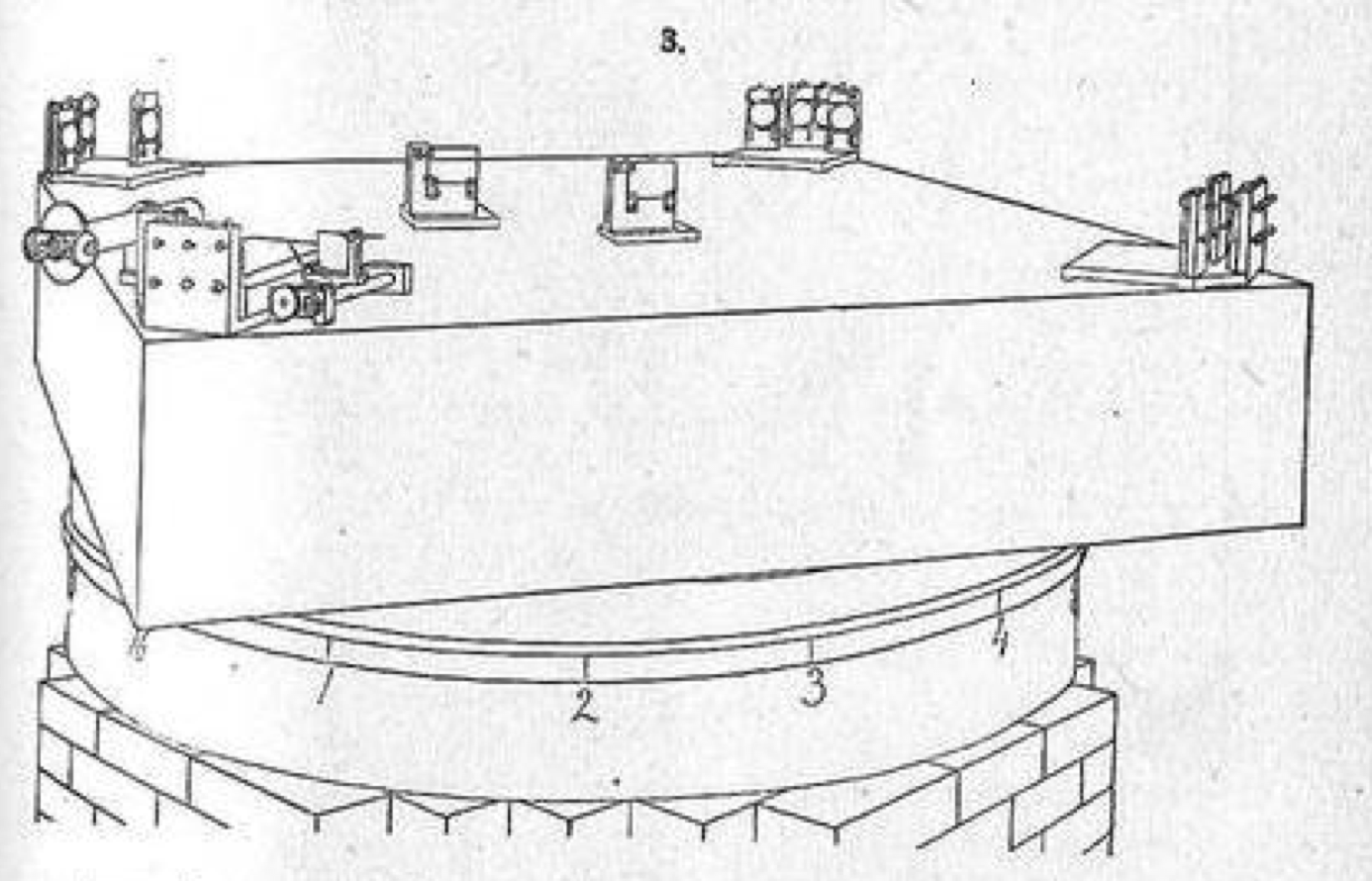 Perspective drawing of the experimental apparatus used in Michelson and Morley’s 1887 experiment to measure the speed of the Earth’s revolution around the sun. Optical equipment is mounted on a massive stone (edge length 1.5 meters) floating in a bath of mercury contained in a circular cast-iron trough. Michelson and Morley (1887).