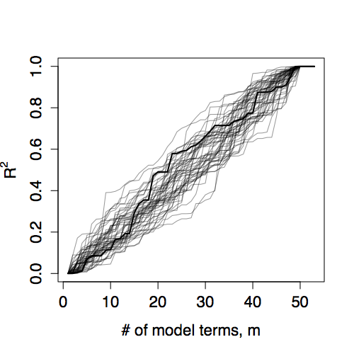 Random model walks for n=50 cases. The "position" of the walk is R².  This is plotted versus number of model vectors m.  The heavy line shows one simulation.  The light lines show other simulations.  All of the simulations reach R² = 1 when m=n.